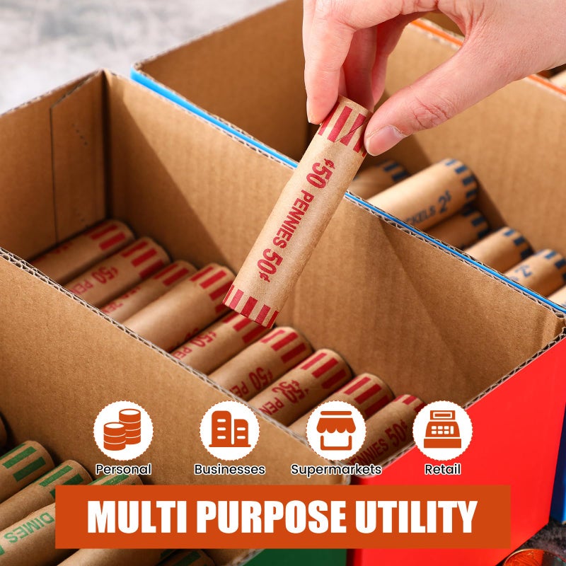 Feifeiya 20 Pcs Coin Trays for Rolled Coins High Capacity Sorting Tray Corrugated Paper Box for Penny, Nickel, Dime, Quarter Stackable Sorter Tray Color Coded Holder Organizer - Image 3