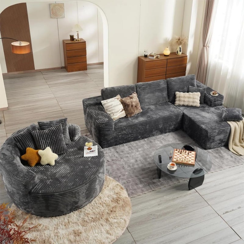 Modern 3-Piece Sectional Sofa Set with Loveseat and Round Chaise Lounge Chair, Plush Corduroy Upholstered L-Shape Couch for Living Room (Gray, Right Hand Facing) - Image 1