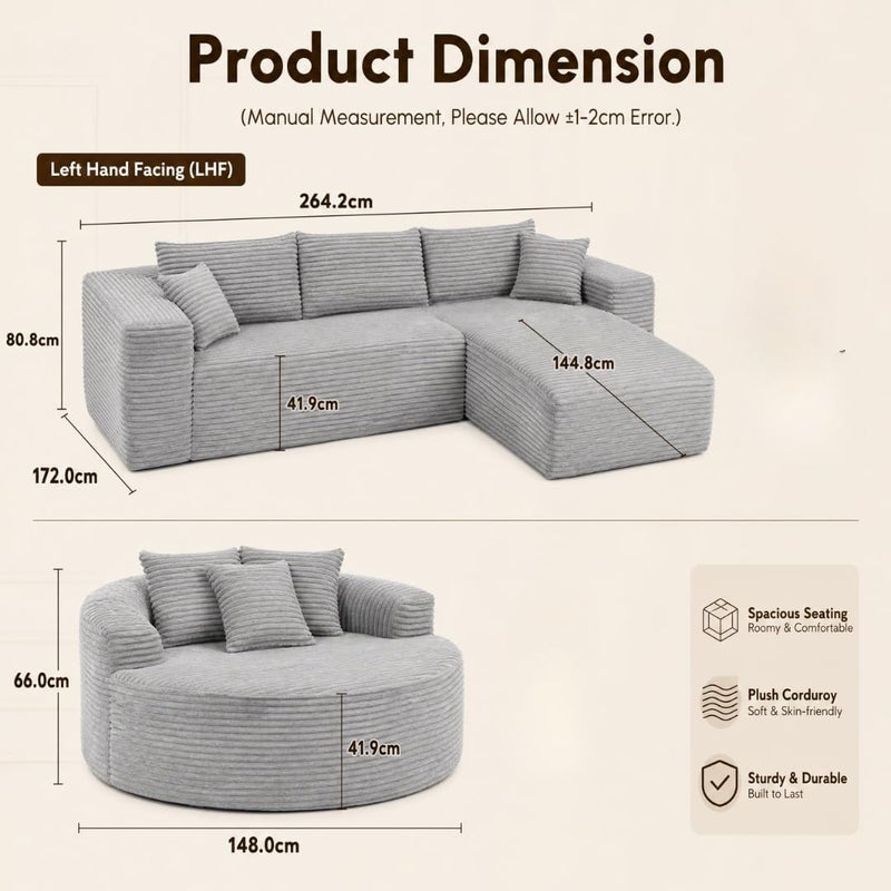 Modern 3-Piece Sectional Sofa Set with Loveseat and Round Chaise Lounge Chair, Plush Corduroy Upholstered L-Shape Couch for Living Room (Gray, Right Hand Facing) - Image 2