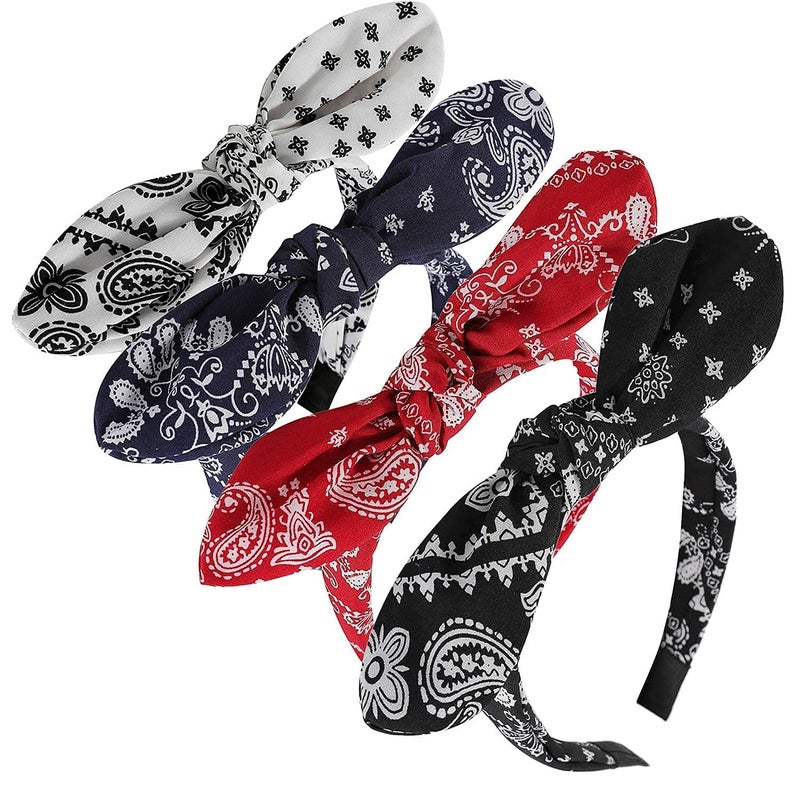 Lvyeer 4 Pack Bandana Headbands for Women Bow Headbands for Women Paisley Print Bowknot Headband Rabbit ear Headwrap Cute Hairband Hair Accessories for Women and Girls Style1 White Red Navy blueBlack