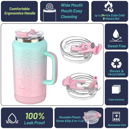 Hydraful 64 oz Tumbler with Handle and Straw - 100% Leak-Proof - Insulated Cup Reusable Stainless Steel Large Water Bottle Travel Mug for Gym, Hiking, and Camping - Gifts for Women Men Him Her - Image 2