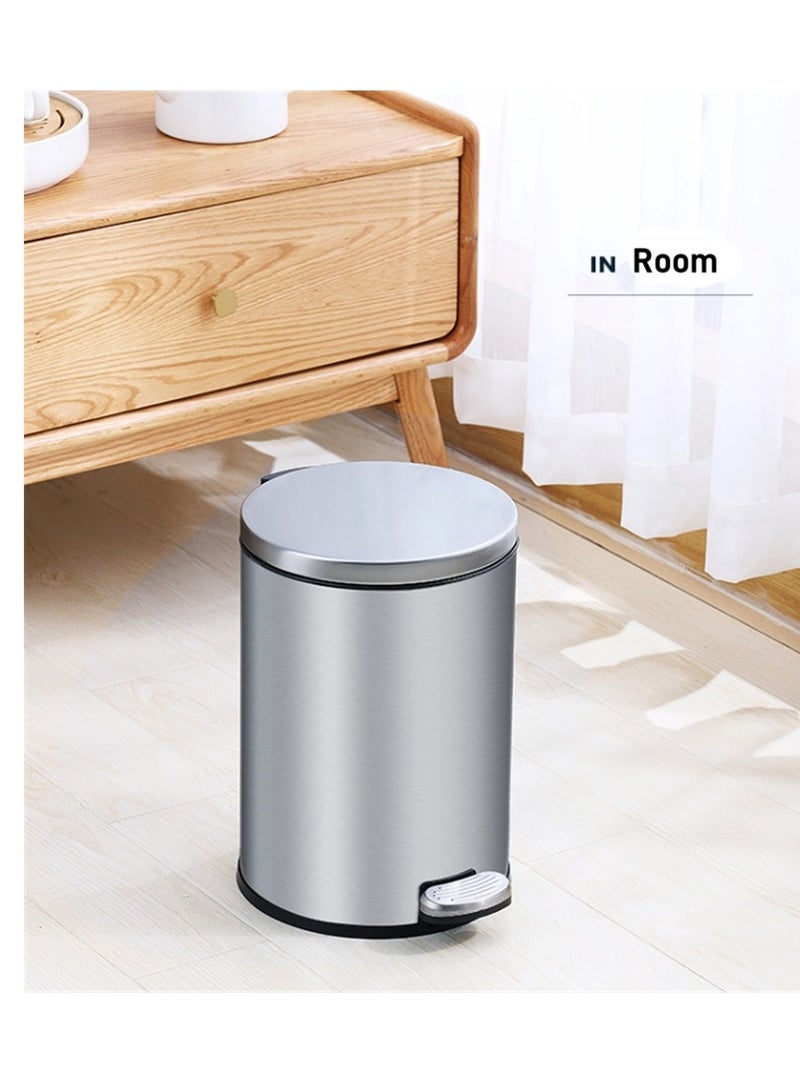 Trash Bin,12 Liter Stainless Steel Pedal Bin，Classic Round Pedal Trash Can, Hands-Free Ideal for Kitchen, Bathroom, Bedroom, Office, Round Shape Trash Can, Silver - Image 2