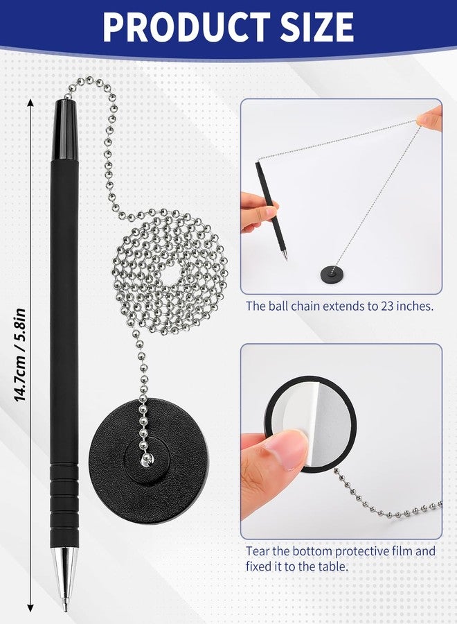 THSLSFX 6 Pcs Secure Pens with Chain and Pen Holder, Security Pens for Check Writing, Desk Pen on a Chain with Adhesive Base for Office Bank Supplies, Black - Image 2