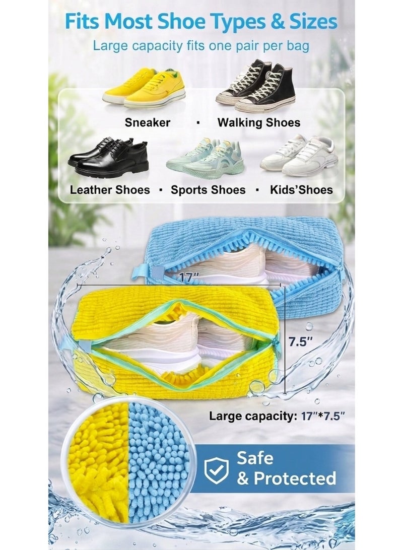1000+ Bristles Shoe Washing Machine Bag 2-Pack, Premium Chenille Sneaker Laundry Bag with Zipper, 360° Anti-Deformation Mesh Cleaner Bag for Running Shoes Tennis Shoes (Large 17"x7.5", Yellow & Blue) - Image 5