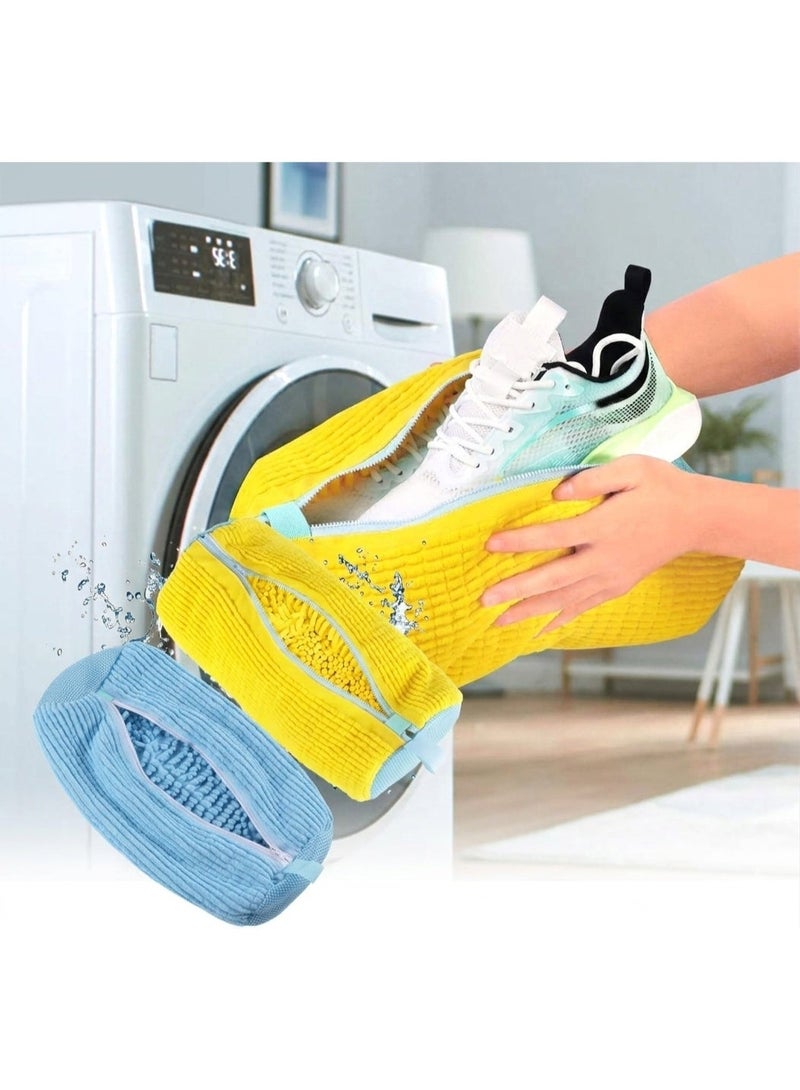 1000+ Bristles Shoe Washing Machine Bag 2-Pack, Premium Chenille Sneaker Laundry Bag with Zipper, 360° Anti-Deformation Mesh Cleaner Bag for Running Shoes Tennis Shoes (Large 17"x7.5", Yellow & Blue) - Image 1