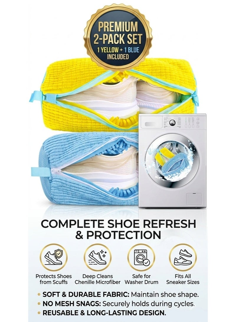 1000+ Bristles Shoe Washing Machine Bag 2-Pack, Premium Chenille Sneaker Laundry Bag with Zipper, 360° Anti-Deformation Mesh Cleaner Bag for Running Shoes Tennis Shoes (Large 17"x7.5", Yellow & Blue) - Image 2