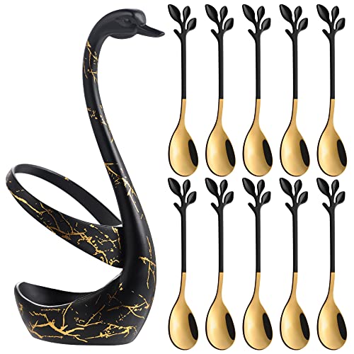 AnSaw Small Coffee Spoon Holder Set,Black Swan Base With 10 Pcs Black & Gold Demitasse Espresso Spoons Set,4.7" Mini Leaf Dessert Spoon,Stainless Steel Tea Spoons - Image 1