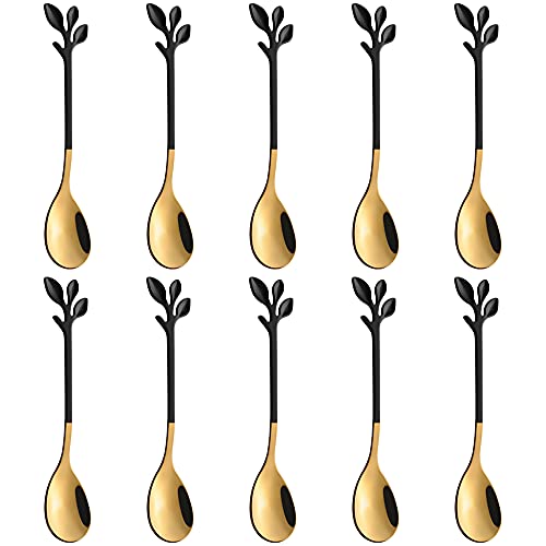 AnSaw Small Coffee Spoon Holder Set,Black Swan Base With 10 Pcs Black & Gold Demitasse Espresso Spoons Set,4.7" Mini Leaf Dessert Spoon,Stainless Steel Tea Spoons - Image 4