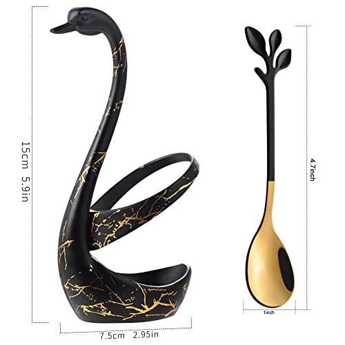 AnSaw Small Coffee Spoon Holder Set,Black Swan Base With 10 Pcs Black & Gold Demitasse Espresso Spoons Set,4.7" Mini Leaf Dessert Spoon,Stainless Steel Tea Spoons - Image 2