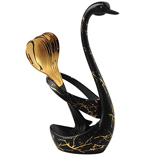 AnSaw Small Coffee Spoon Holder Set,Black Swan Base With 10 Pcs Black & Gold Demitasse Espresso Spoons Set,4.7" Mini Leaf Dessert Spoon,Stainless Steel Tea Spoons - Image 5