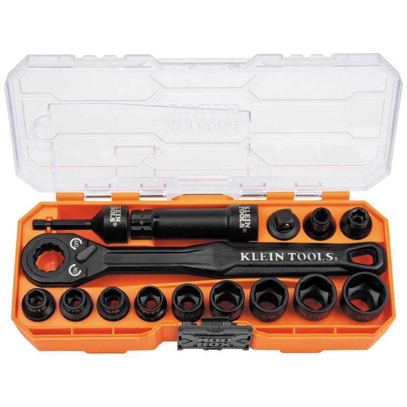 Klein Tools 65400 KNECT 15-Piece Pass Through Socket Set, SAE Impact Socket Set with MODbox Case, Sockets, Bits, Accessories and 3/8-Inch Drive Adapter - Image 1