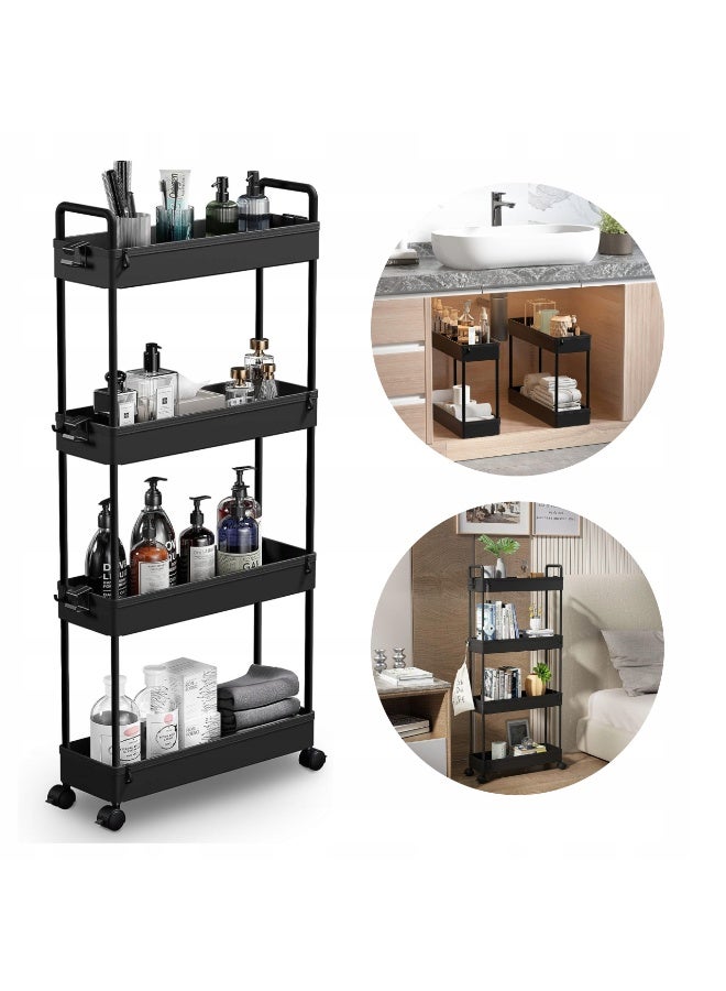 LEFAFA Slim Storage Cart, 4-Tier Bathroom Organizer with Mobile Shelves, Rolling Multi-Purpose Cart with Slide-Out Compartments for Kitchen, Bathroom, Laundry and Narrow Spaces (BLACK) - Image 1