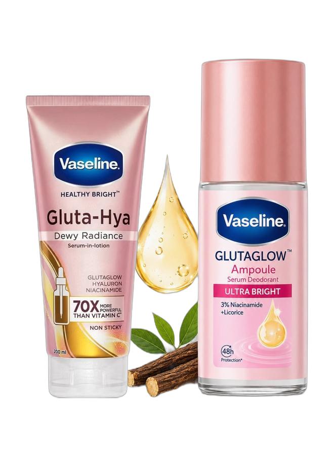 Vaseline Gluta-Hya Dewy Radiance Serum-In-Lotion 200ml with Glutaglow, Hyaluron and Niacinamide for Bright, Smooth and Hydrated Skin & Vaseline GlutaGlow Bright & Smooth Roll-On Serum Deodorant for Women – 3% Niacinamide + Omega 6, 48H Odor Protection, 45ml Bundle - Image 1
