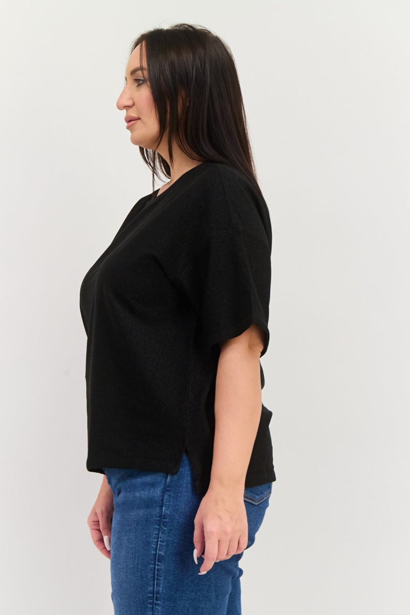 ESPRIT Women Oversized Round Neck Short Sleeves Metallic Top, Black - Image 3