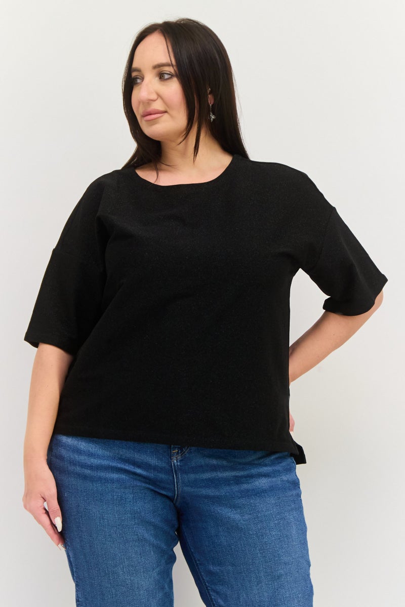 ESPRIT Women Oversized Round Neck Short Sleeves Metallic Top, Black - Image 1