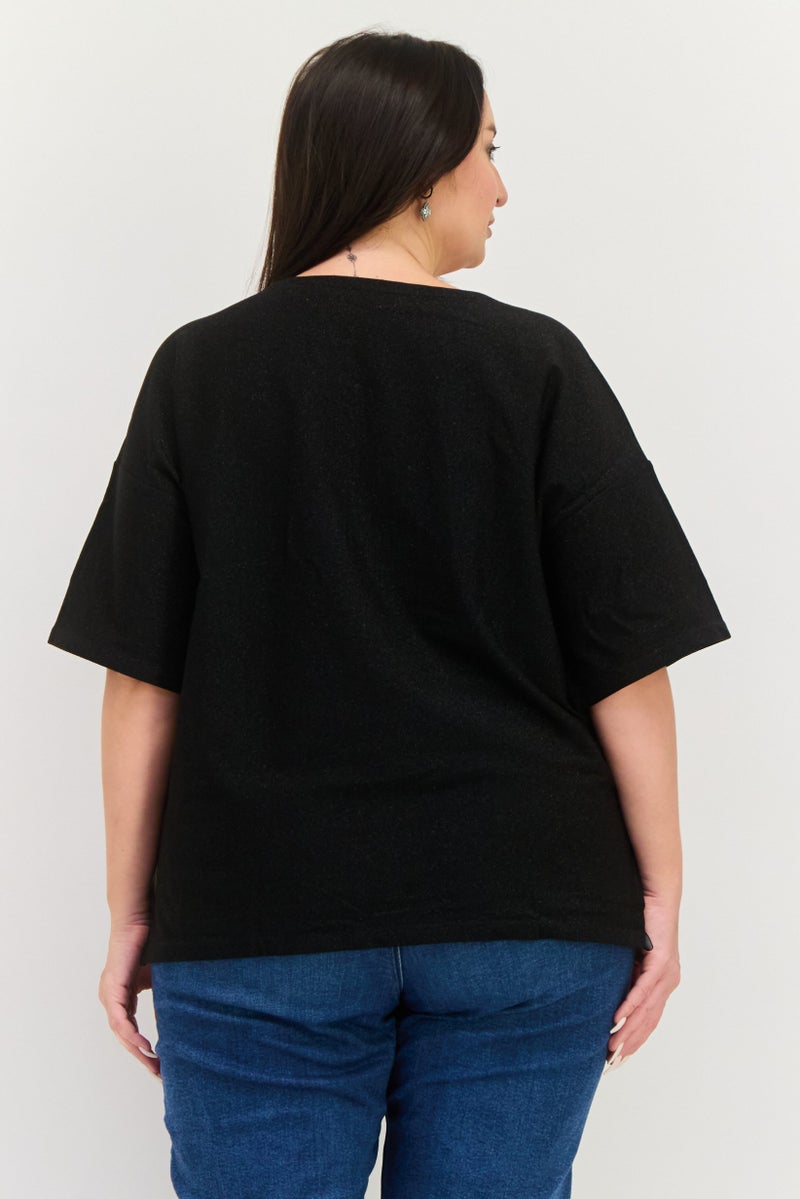 ESPRIT Women Oversized Round Neck Short Sleeves Metallic Top, Black - Image 4