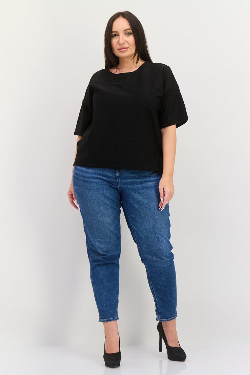 ESPRIT Women Oversized Round Neck Short Sleeves Metallic Top, Black - Image 2