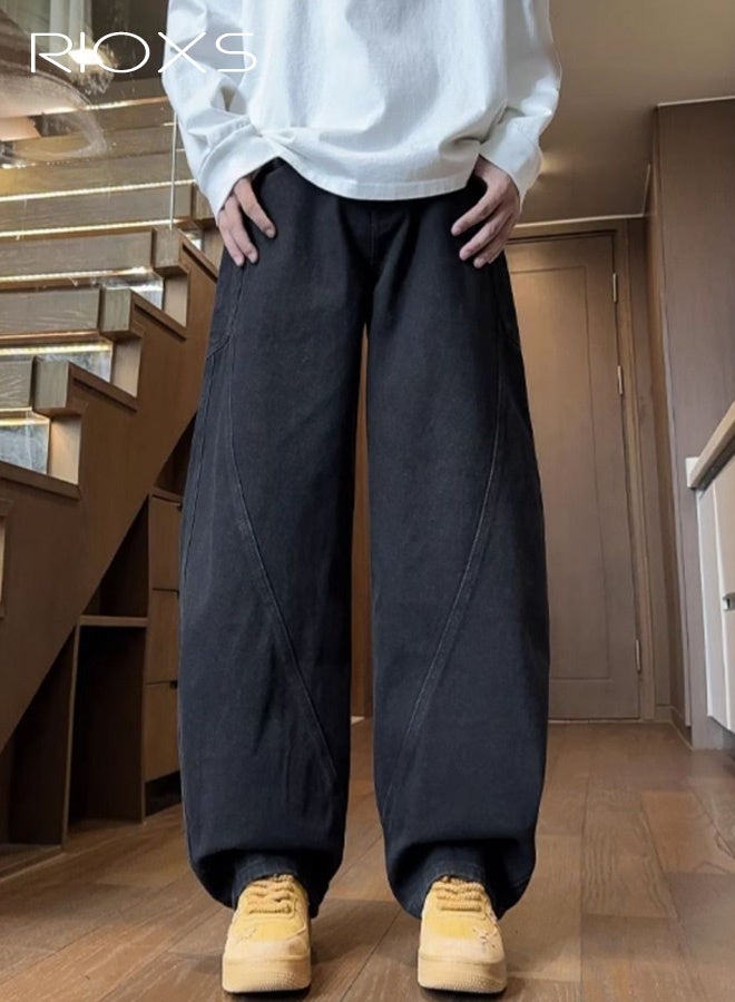 RIOXS Men's Baggy Sweatpants, Wide-Leg Zipper Front-Flap Waistband Straight-Leg Pants with Belt Loops and Pockets, Relaxed-Fit Casual Jeans, Soft Breathable Mid-Rise Style, Suitable for Everyday Wear, Black - Image 3