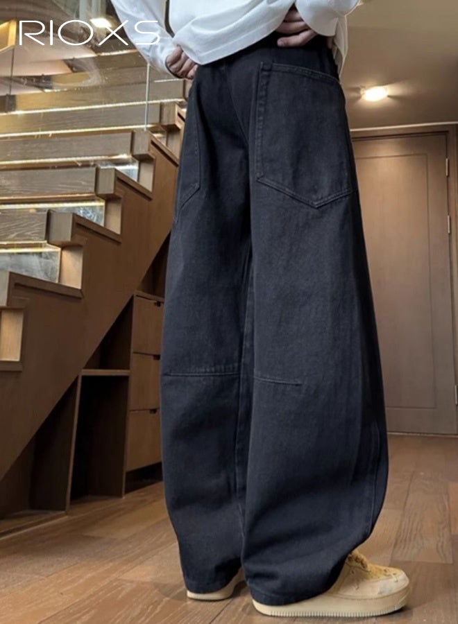 RIOXS Men's Baggy Sweatpants, Wide-Leg Zipper Front-Flap Waistband Straight-Leg Pants with Belt Loops and Pockets, Relaxed-Fit Casual Jeans, Soft Breathable Mid-Rise Style, Suitable for Everyday Wear, Black - Image 5