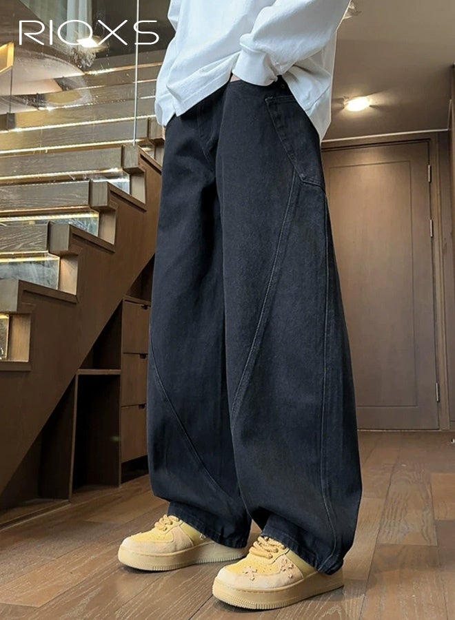 RIOXS Men's Baggy Sweatpants, Wide-Leg Zipper Front-Flap Waistband Straight-Leg Pants with Belt Loops and Pockets, Relaxed-Fit Casual Jeans, Soft Breathable Mid-Rise Style, Suitable for Everyday Wear, Black - Image 1