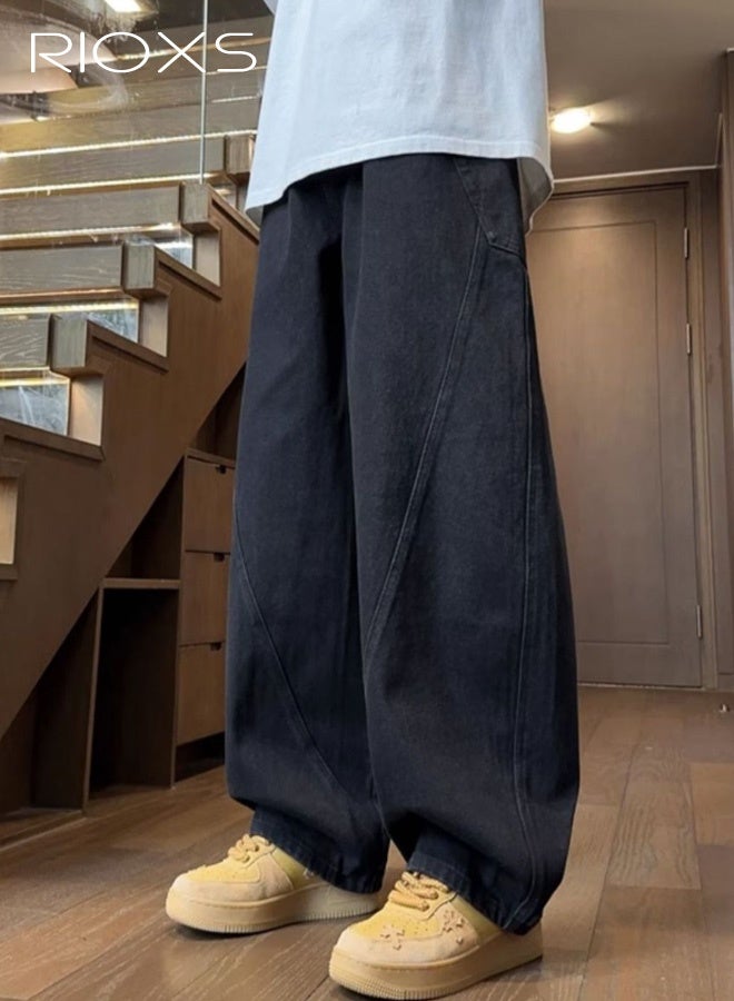 RIOXS Men's Baggy Sweatpants, Wide-Leg Zipper Front-Flap Waistband Straight-Leg Pants with Belt Loops and Pockets, Relaxed-Fit Casual Jeans, Soft Breathable Mid-Rise Style, Suitable for Everyday Wear, Black - Image 4