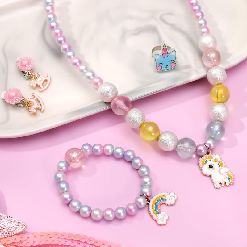Excefore 5 PCS Unicorn Jewelry Set for Girls - Cute Rainbow Necklaces, Bracelet, Earrings, and Ring for Party Supplies, Princess Party Favors, Craft DIY Accessories, Little Girls Dress up Jewelry Sets - Image 3
