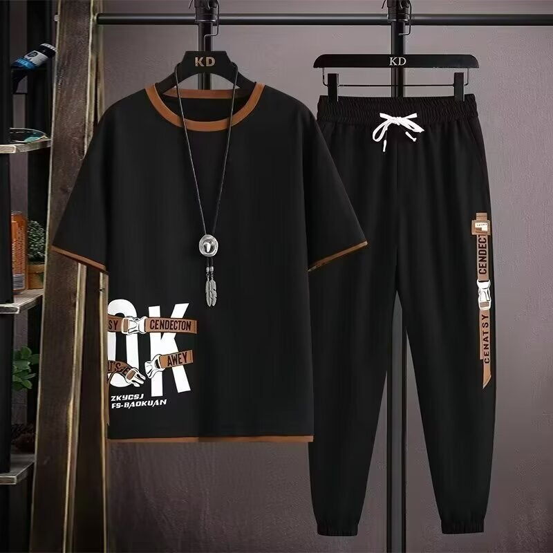 2024 Summer Mens Casual Student Fashion Short Sleeve T-Shirt Sport Trousers Trendy 2-Piece Set Thin Fabric From China Grey  - Image 3