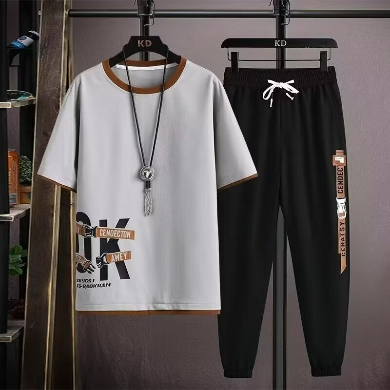 2024 Summer Mens Casual Student Fashion Short Sleeve T-Shirt Sport Trousers Trendy 2-Piece Set Thin Fabric From China Grey  - Image 1