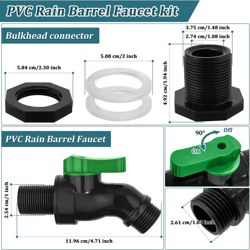 طقم صنبور برميل المطر البلاستيكي، صنبور برميل مياه عالي التدفق، صمام برميل المطر PVC 3/4 + وصلة مانعة للتسرب لحاويات براميل المطر البلاستيكية الخارجية ومجمعات مياه الأمطار في الحدائق - Image 2