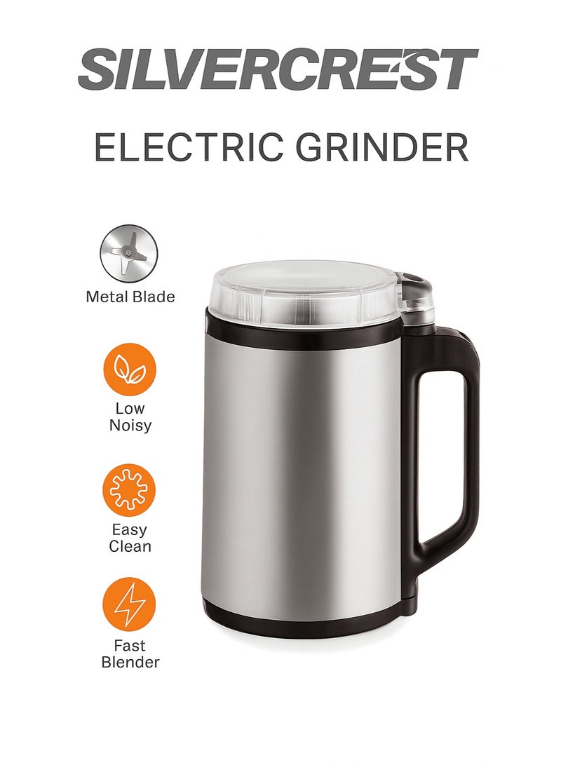 سيلفر كريست مطحنة كهربائية قوية من الستانلس ستيل بقدرة 300 وات – تصميم عصري بمقبض مريح وشفرات معدنية حادة لطحن البن والتوابل بسرعة وسهولة مع أداء هادئ وسهل التنظيف.