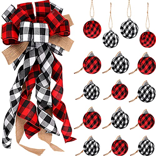 Geosar Buffalo Plaid Christmas Tree Topper Decor Wreath Bow Hanging Christmas Bow and 16 Pieces Buffalo Plaid Ball Ornament Hanging Fabric Ball13 x 299 InchWhite Black and Red - Image 1