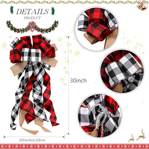 Geosar Buffalo Plaid Christmas Tree Topper Decor Wreath Bow Hanging Christmas Bow and 16 Pieces Buffalo Plaid Ball Ornament Hanging Fabric Ball13 x 299 InchWhite Black and Red - Image 3