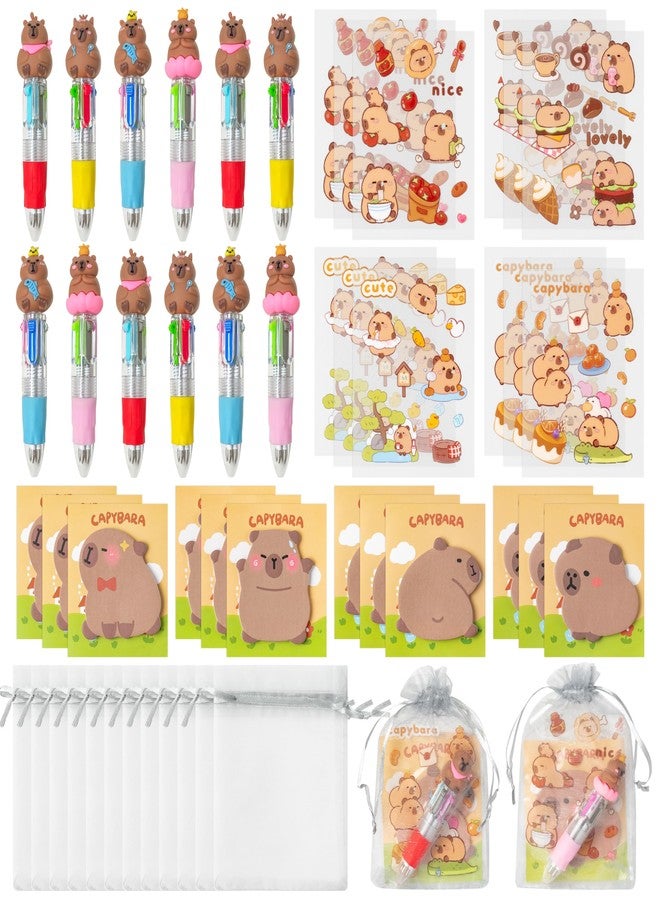 CY2SIDE Capybara Stationery Party Gift - 12 Pack Fun Animal Prizes Set Include 4-in-1 Ballpoint Pens Sticky Note Sticker and Organza Birthday Party Favors Goodie Bag Fillers Stuffer for School Rewards - Image 1