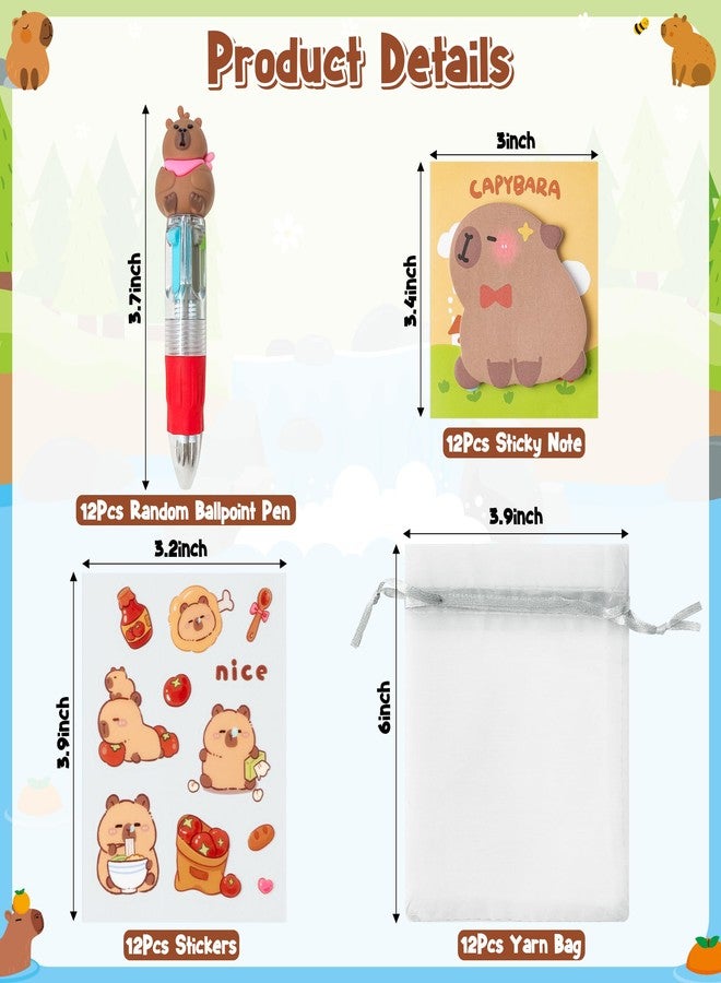 CY2SIDE Capybara Stationery Party Gift - 12 Pack Fun Animal Prizes Set Include 4-in-1 Ballpoint Pens Sticky Note Sticker and Organza Birthday Party Favors Goodie Bag Fillers Stuffer for School Rewards - Image 2