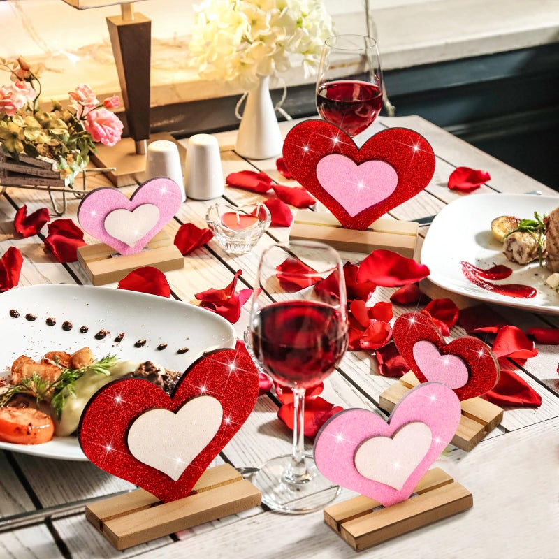 Vercraft 6 Pcs Valentine's Day Decor Wooden Heart Shaped Table Signs Farmhouse Wood Heart Table Decorations Sign Standing Wooden Tiered Tray Decoration for Valentine Day Ornaments(Shine) - Image 2
