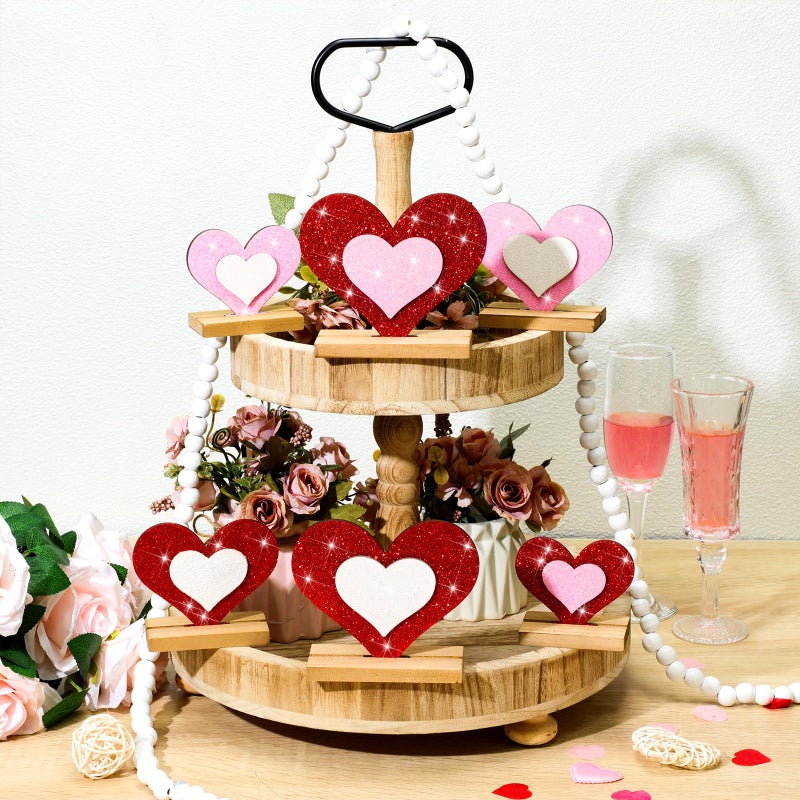 Vercraft 6 Pcs Valentine's Day Decor Wooden Heart Shaped Table Signs Farmhouse Wood Heart Table Decorations Sign Standing Wooden Tiered Tray Decoration for Valentine Day Ornaments(Shine) - Image 4