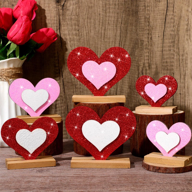 Vercraft 6 Pcs Valentine's Day Decor Wooden Heart Shaped Table Signs Farmhouse Wood Heart Table Decorations Sign Standing Wooden Tiered Tray Decoration for Valentine Day Ornaments(Shine) - Image 1