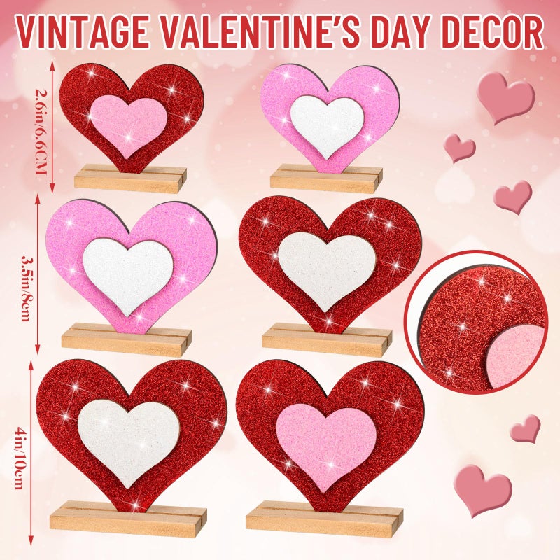 Vercraft 6 Pcs Valentine's Day Decor Wooden Heart Shaped Table Signs Farmhouse Wood Heart Table Decorations Sign Standing Wooden Tiered Tray Decoration for Valentine Day Ornaments(Shine) - Image 3