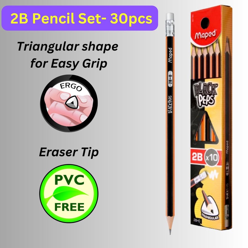 Maped MAPED 2B Pencils with Eraser TipWriting Pencils2B Graphite Pencils 30PcsSoft and Extra DarkTriangular Shape for Easy Grip Fine Wood pencilsExtra Dark PencilsSuper Dark PencilsPremium Range - Image 2