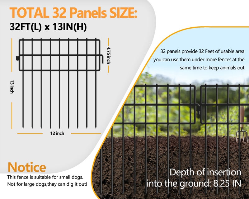 KYATE 32 Panels Animal Barrier Fence No Dig, 32ft(L) X 13in(H) 1.2in Gap Rabbit Fences Ground Defense Border Small Metal Fencing, Dog Blocker Under Barriers for Garden, Flower Bed, Patio - Image 2