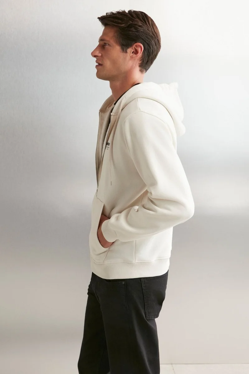 جريميلانج Aksel Men's Soft 100% Organic Cotton Oversize Zippered Printed Hooded Stone Color Sweatshirt