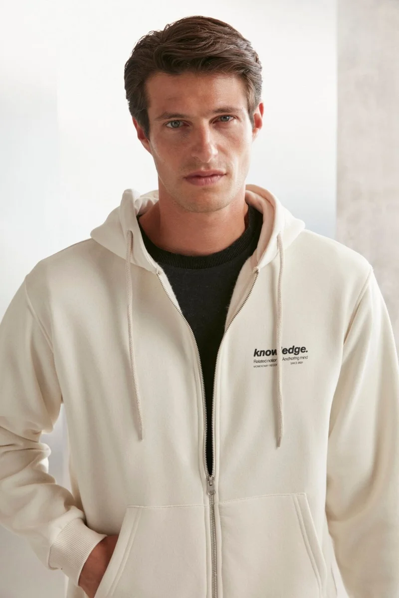 جريميلانج Aksel Men's Soft 100% Organic Cotton Oversize Zippered Printed Hooded Stone Color Sweatshirt