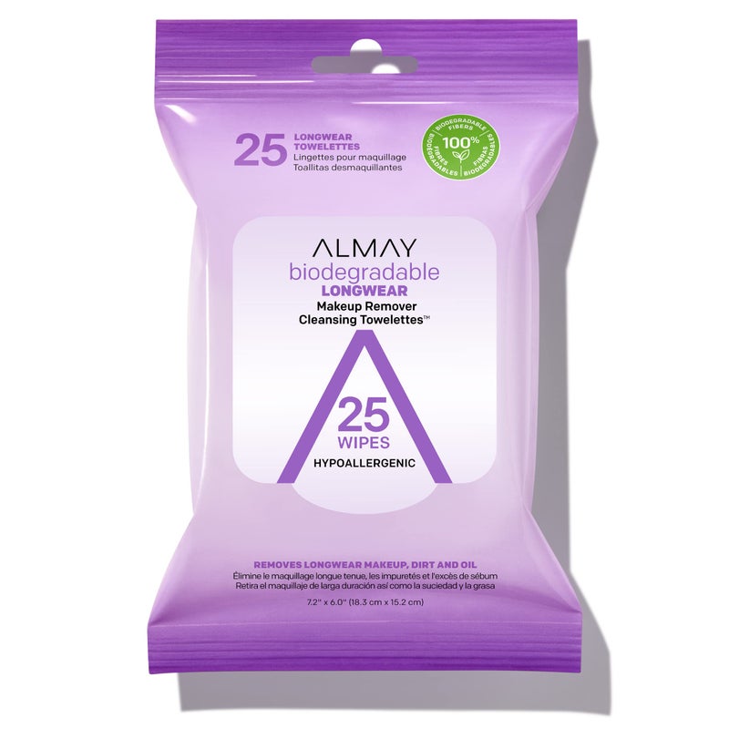 Almay Face Makeup Remover Wipes, Longwear & Waterproof, Hypoallergenic, Fragrance Free, Dermatologist & Ophthalmologist Tested, 25 Count (Pack of 1) - Image 1