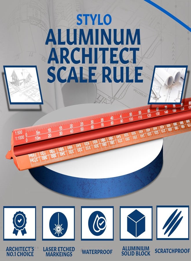 Stylo 12" Aluminum Architect Scale Ruler Laser Etched Triangle Drafting Ruler, Color Coded Grooves for Blueprint, Drafting and Drawing, Architectural Scale Ruler for Blueprints (Red, Metric Units) - Image 3