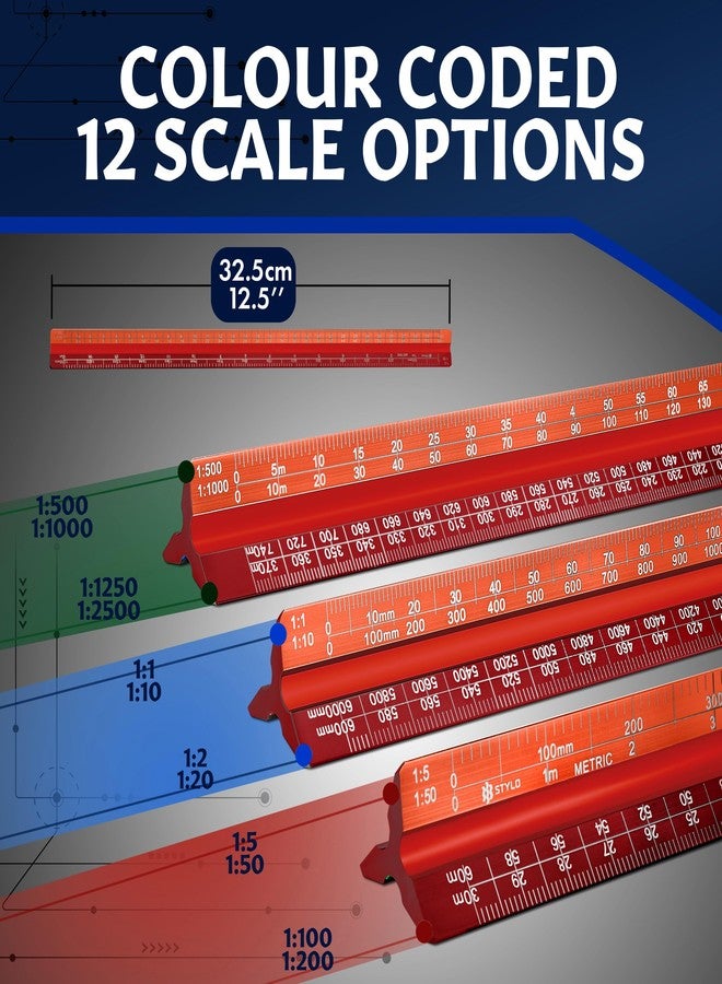 Stylo 12" Aluminum Architect Scale Ruler Laser Etched Triangle Drafting Ruler, Color Coded Grooves for Blueprint, Drafting and Drawing, Architectural Scale Ruler for Blueprints (Red, Metric Units) - Image 2
