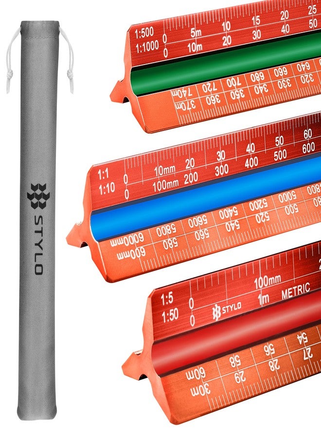 Stylo 12" Aluminum Architect Scale Ruler Laser Etched Triangle Drafting Ruler, Color Coded Grooves for Blueprint, Drafting and Drawing, Architectural Scale Ruler for Blueprints (Red, Metric Units) - Image 1