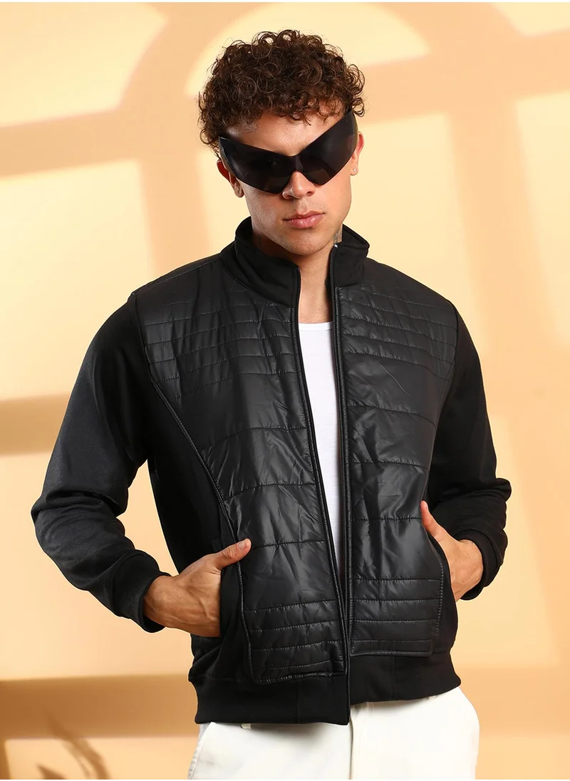 Campus Sutra Men's Black Zip-Front Jacket With Quilted Detail