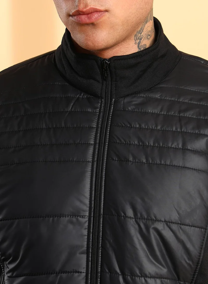 Campus Sutra Men's Black Zip-Front Jacket With Quilted Detail