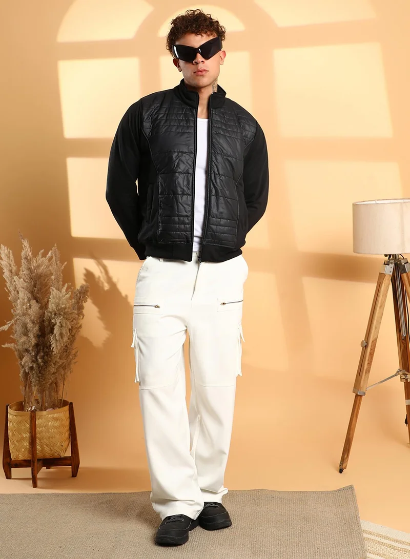 Campus Sutra Men's Black Zip-Front Jacket With Quilted Detail