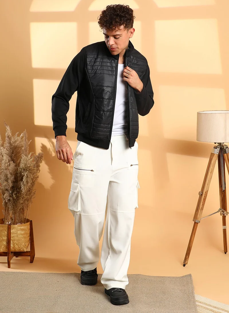 Campus Sutra Men's Black Zip-Front Jacket With Quilted Detail
